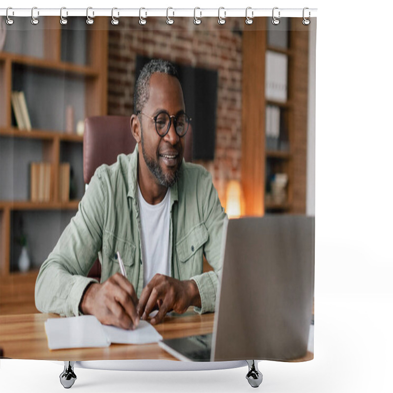 Personality  Smiling Middle Aged African American Male In Glasses And Casual Working On Laptop In Home Office Interior. Social Distance With Technology, Study, Successful Business Remotely And New Normal At Home Shower Curtains