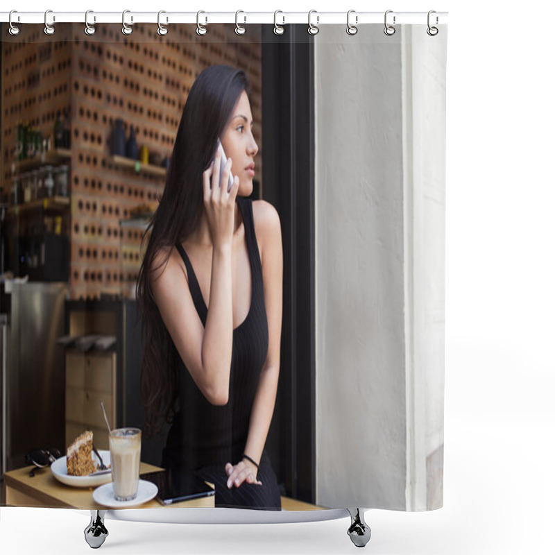 Personality  Attractive Woman Talking On Mobile Phone Shower Curtains