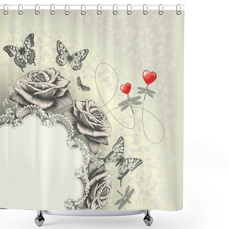 Personality  Glamour Background With Lacy Frame, Red Hearts, Flying Butterflies, Dragonf Shower Curtains