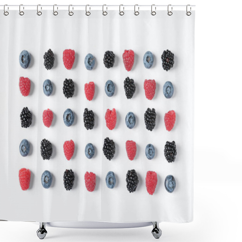 Personality  Composition With Raspberries, Blackberries And Blueberries On White Background Shower Curtains