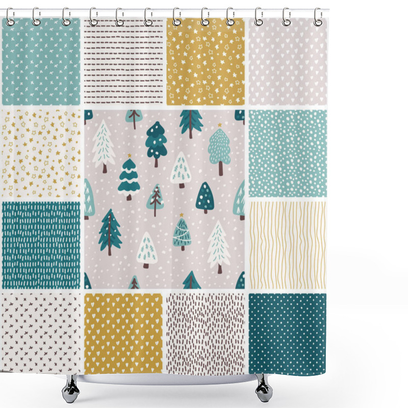 Personality  Cute Scandinavian Christmas Tree Seamless Patterns Set, Background With Hand Drawn Snowy Fir Trees Forest Shower Curtains