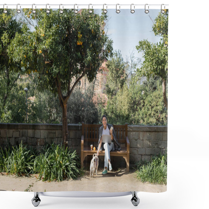 Personality  Carefree Young Freelancer In Earphones Holding Smartphone And Looking At Camera Near Laptop, Pug Dog And Coffee To Go On Wooden Bench In Park At Daytime In Barcelona, Spain, Orange Tree Shower Curtains