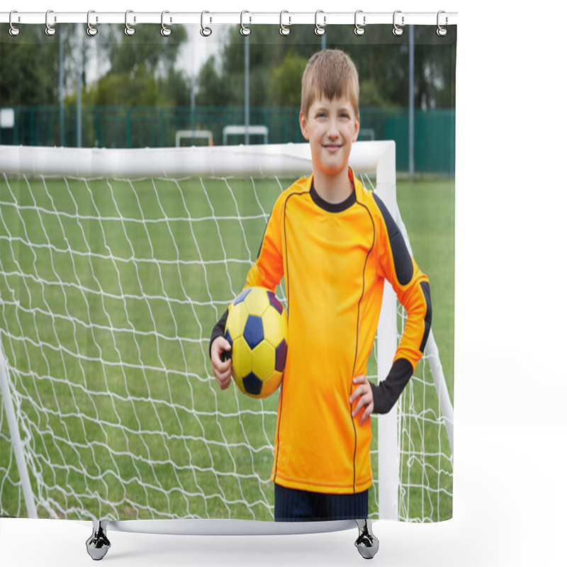 Personality  Portrait Of Goal Keeper Holding Ball On School Soccer Pitch Shower Curtains