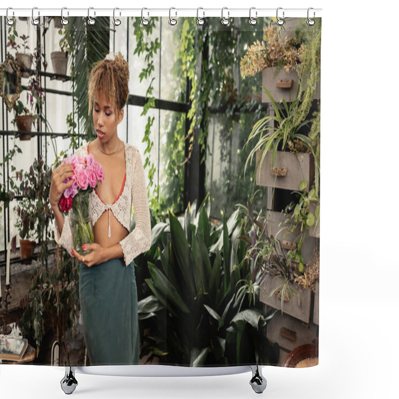 Personality  Young And Trendy African American Woman In Knitted Top And Skirt Holding Vase With Roses While Standing Near Green Plants In Indoor Garden, Stylish Woman Enjoying Lush Tropical Surroundings Shower Curtains