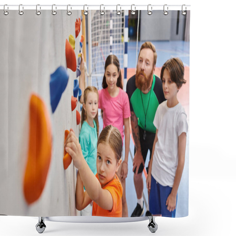 Personality  A Group Of Young, Diverse Children Stand Side By Side In A Bright, Lively Gym As Their Male Teacher Instructs Them. Shower Curtains