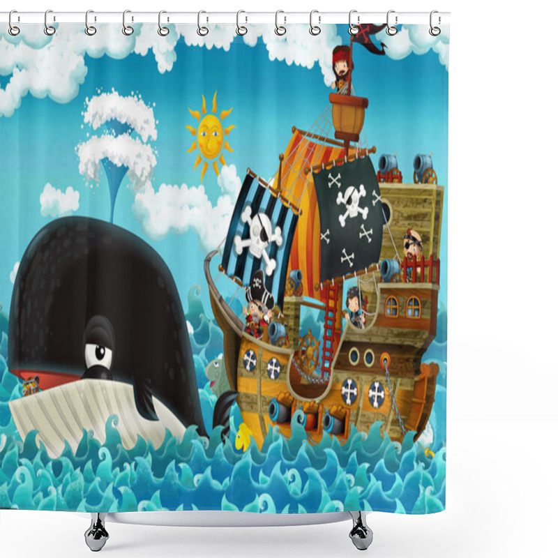 Personality  Cartoon Scene With Pirate Ship Sailing Through The Seas With Happy Pirates Meeting Swimming Whale - Illustration For Children Shower Curtains