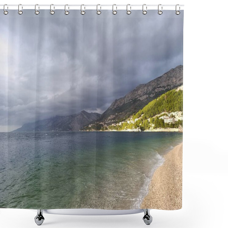 Personality  Dark Stormy Sky On The Empty Beach In The Winter Shower Curtains