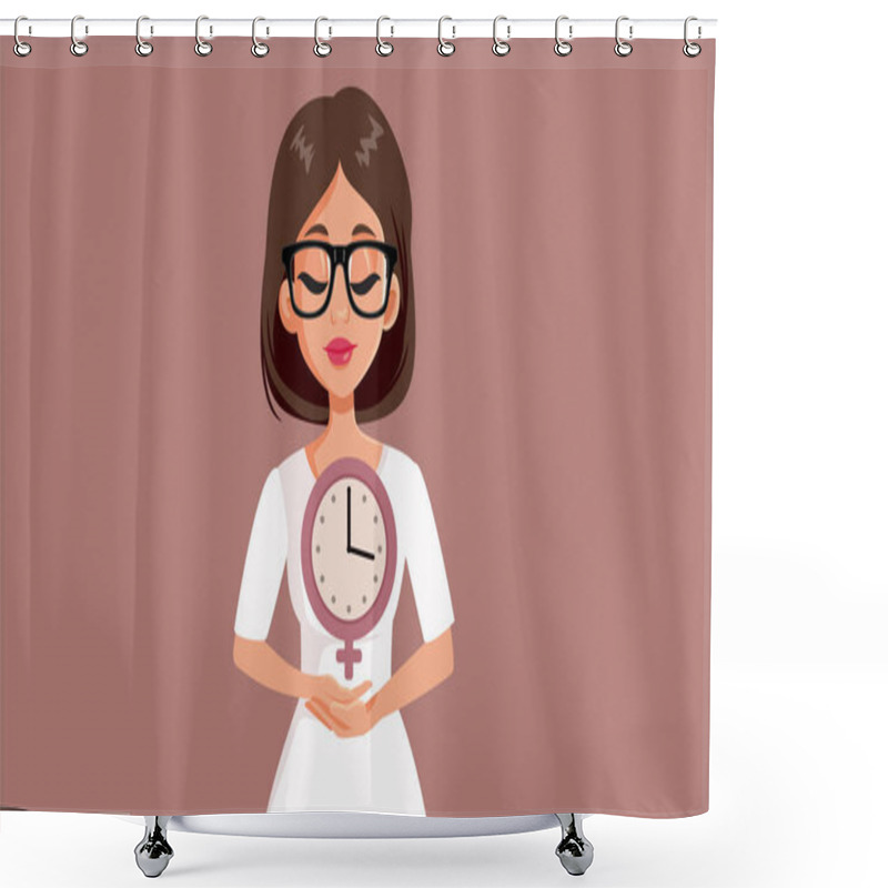 Personality  Adult Woman Holding A Clock Conceptual Vector Illustration Shower Curtains