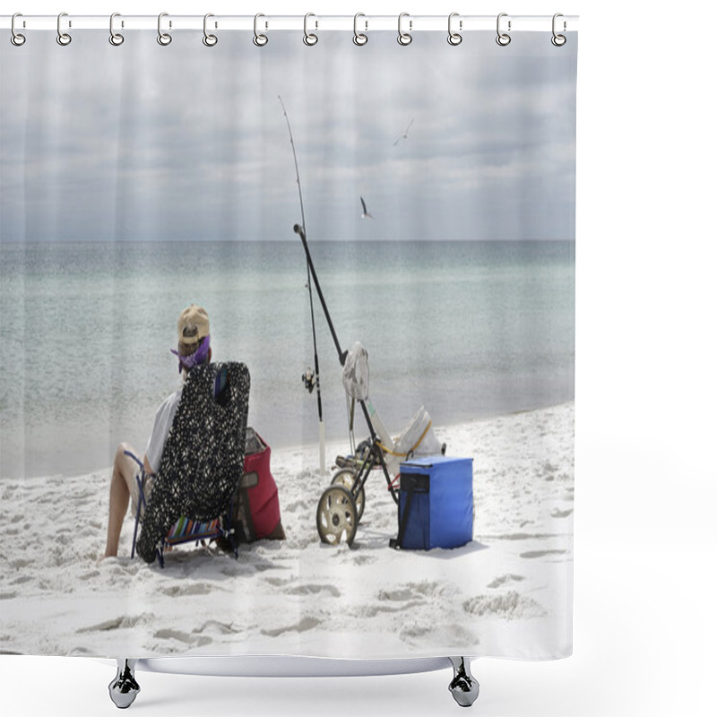 Personality  Woman Fishing On Overcast Day At The Beach Shower Curtains