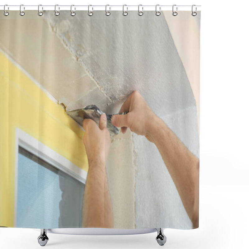 Personality  Man Plastering Window Area With Putty Knife Indoors, Closeup. Interior Repair Shower Curtains