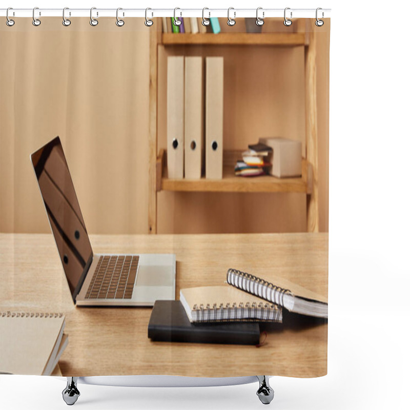 Personality  Laptop And Notebooks On Wooden Table At Home Shower Curtains