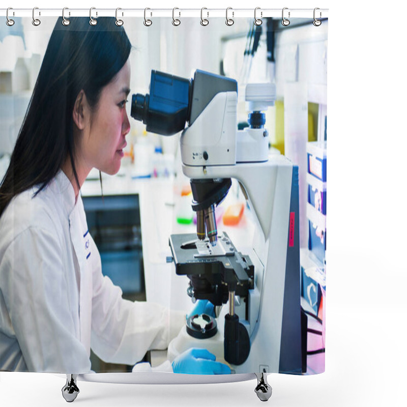 Personality  Scientist Using Microscope In Lab Shower Curtains