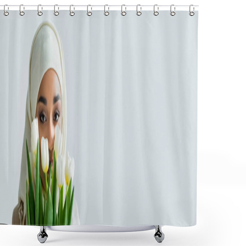 Personality  Muslim Woman In Hijab Looking At Camera Through Tulips Isolated On Grey, Banner Shower Curtains