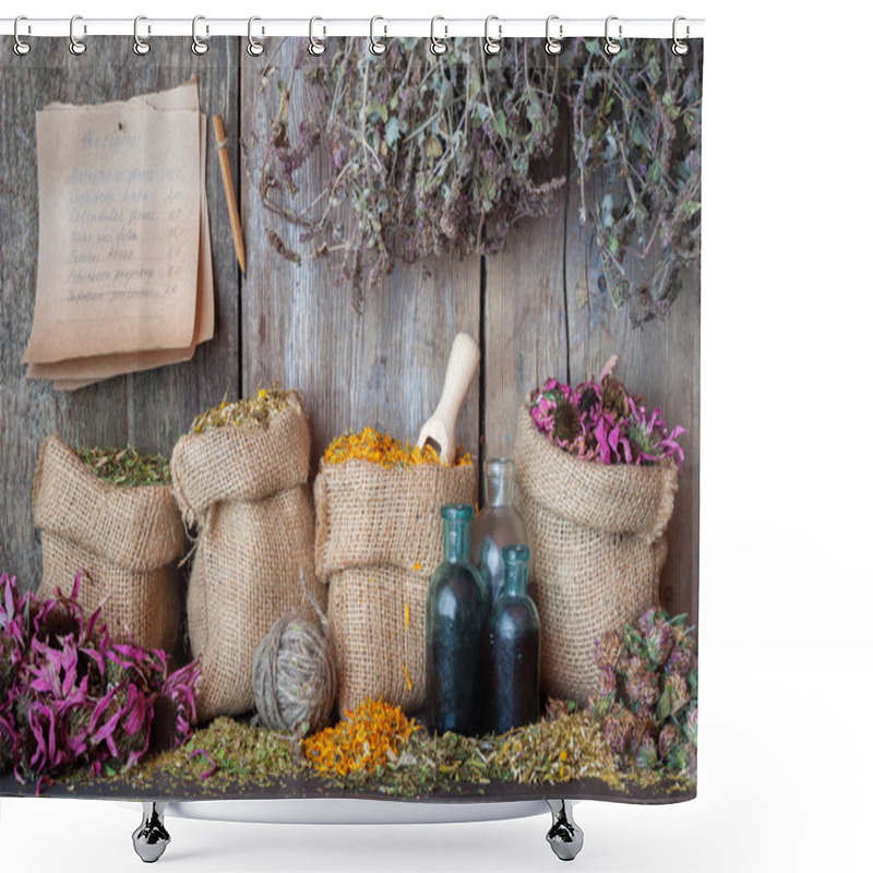 Personality  Healing Herbs In Hessian Bags Near Wooden Wall, Herbal Medicine. Shower Curtains