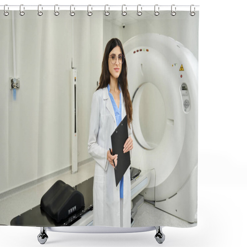 Personality  Attractive Female Doctor Stands Confidently In A Radiology Unit, Holding A Clipboard. Shower Curtains