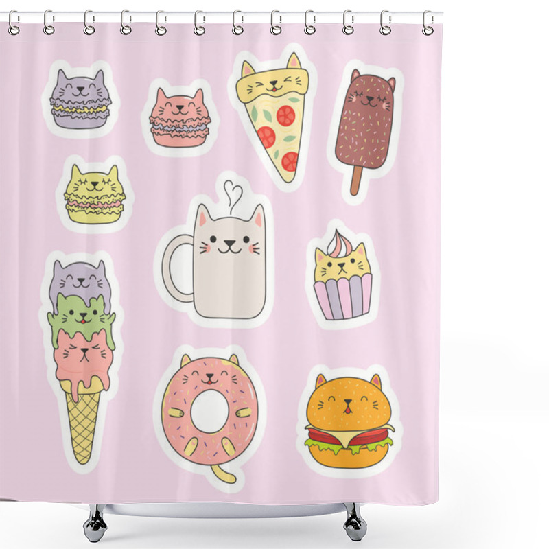 Personality  Set Of Kawaii Stickers With Foods With Cat Ears, Macarons, Pizza, Burger, Ice Cream, Cupcake, Donut, Coffee. Hand Drawn Vector Illustration. Design Concept Kids Print. Shower Curtains