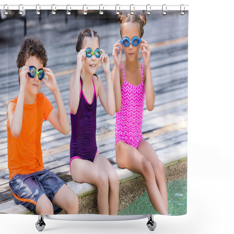 Personality  Girls In Swimsuits And Boy In T-shirt Touching Swim Goggles While Sitting On Pool Deck Shower Curtains