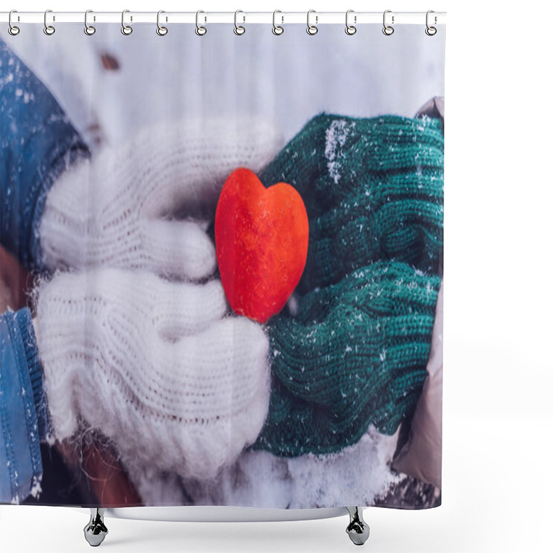 Personality  Hands In Gloves Holding Heart Closeup On Winter Snow Background. Toned. Shower Curtains