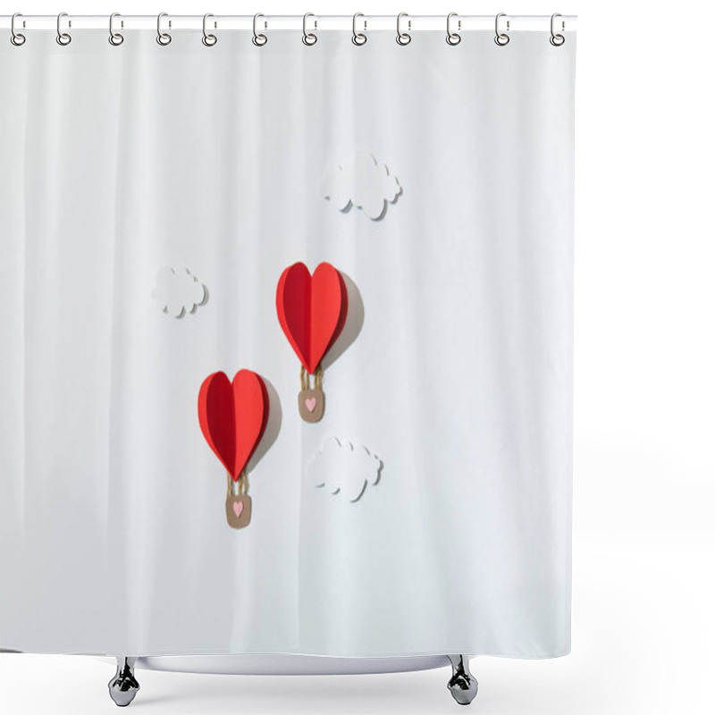 Personality  Top View Of Paper Heart Shaped Air Balloons In Clouds On White Background Shower Curtains