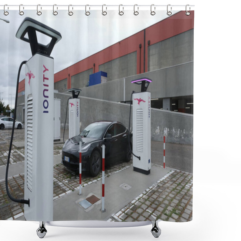 Personality  FORLI, ITALY - Aug 27, 2021: Forli, Italy - August 27, 2021: A Static Shot Of A Solid Black Tesla Model 3 Charging At The Ionity DC Fast Charging Station In A Cloudy Summer Day Shower Curtains