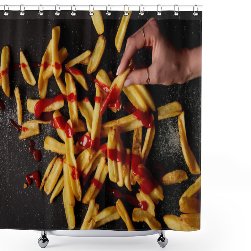 Personality  Top View Of Woman Taking French Fries Poured With Ketchup On Black Tabletop Shower Curtains