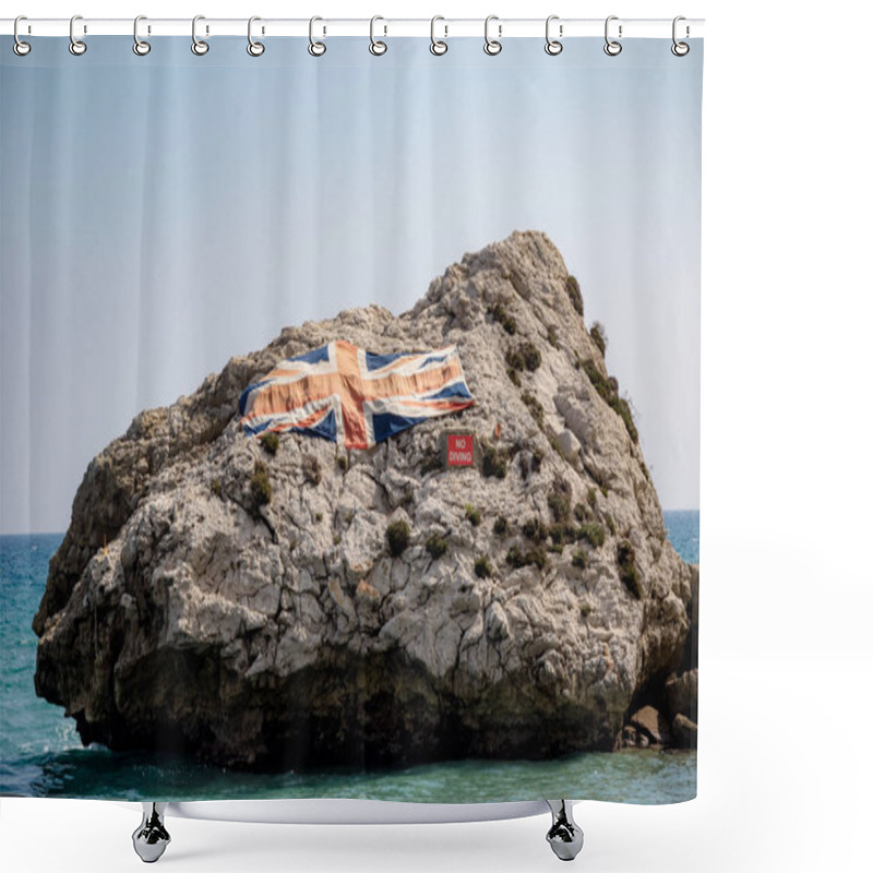 Personality  A Large Rock With The Union Jack In Catalan Bay On The East Side Of The Rock Of Gibraltar. Gibraltar Is A British Overseas Territory Located On The Southern Tip Of Spain. Shower Curtains