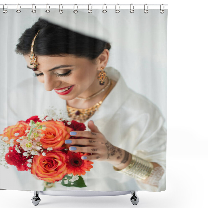 Personality  Young Cheerful Indian Bride With Mehndi Looking At Bouquet Of Flowers On White Shower Curtains