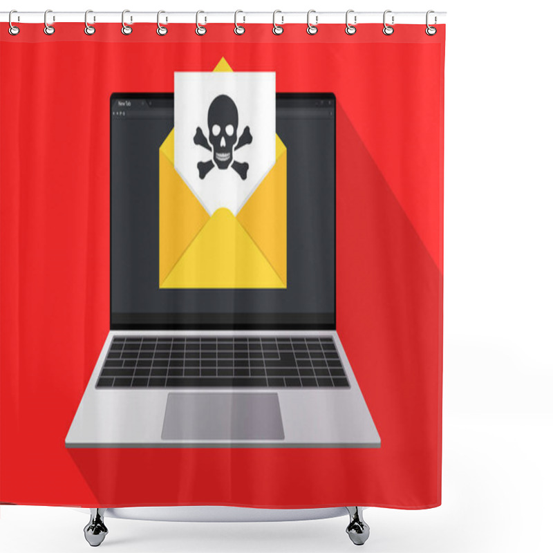 Personality  Laptop And Envelope With Document And Skull Icon. Virus, Malware, Email Fraud, E-mail Spam, Phishing Scam, Hacker Attack Shower Curtains