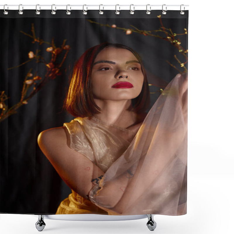 Personality  Sensual Young Woman In Transparent Dress Posing Near Blooming Flowers On Branches On Black Backdrop Shower Curtains