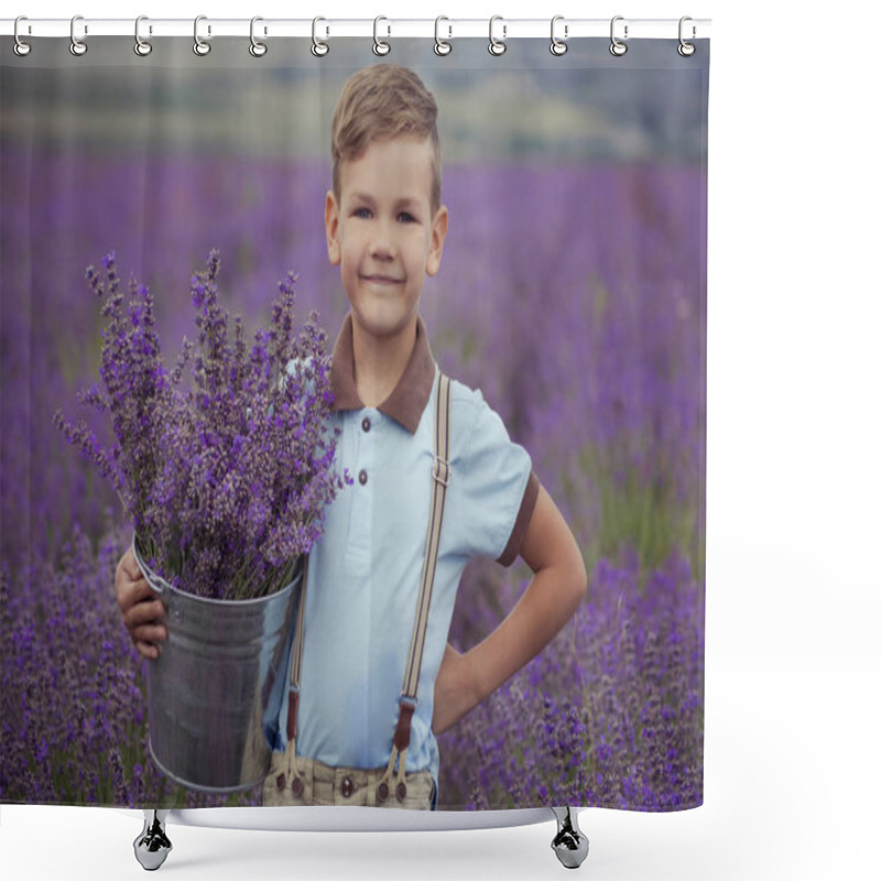 Personality  Cute Little Boy With On Lavender Field On Beautiful Summer Day Stylish Dressed Shower Curtains