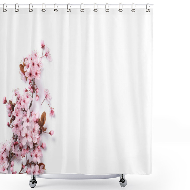 Personality  Blossoming Spring Tree Branch On White Background, Top View. Space For Text Shower Curtains