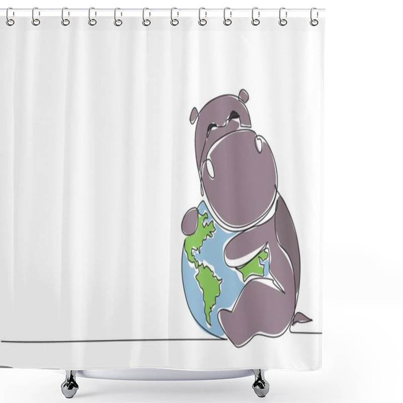 Personality  Single One Line Drawing Cute Hippopotamus Hugging Globe. Maintaining Ecological Balance. Save The Earth To Be Comfortable Home For Them. World Wildlife Day. Continuous Line Design Graphic Illustration Shower Curtains