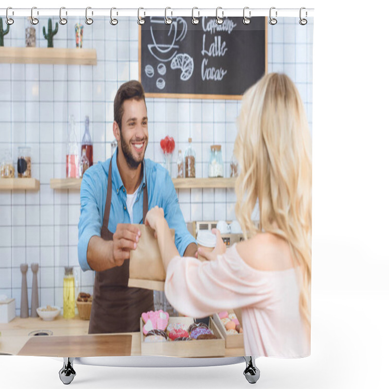 Personality  Waiter Giving Take Away Food To Client Shower Curtains