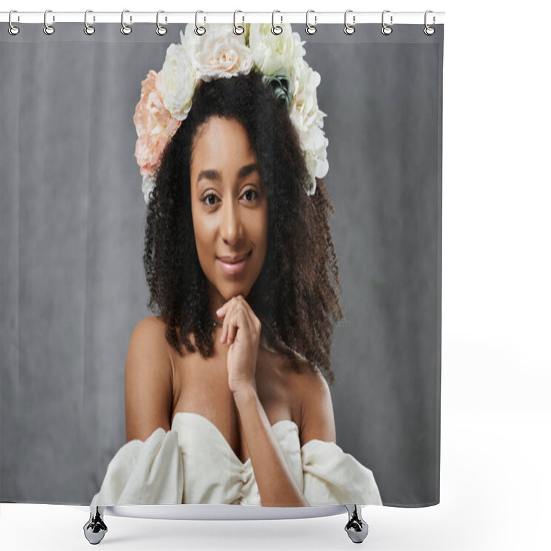 Personality  A Beautiful African American Bride Poses In A White Wedding Dress With Flowers In Her Hair Against A Grey Background. Shower Curtains