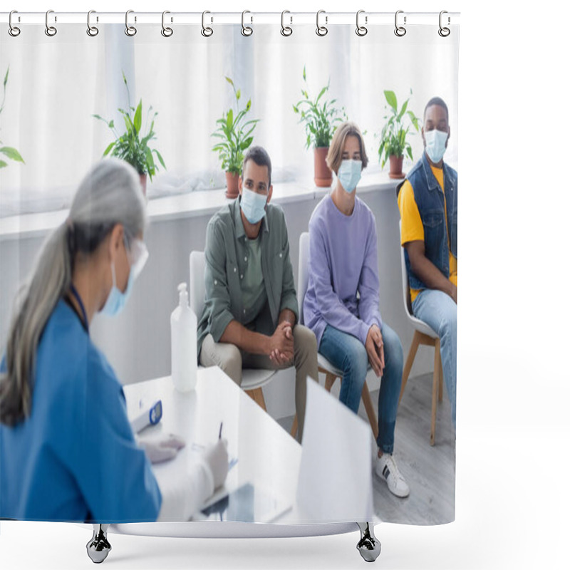 Personality  Blurred Nurse Writing Near Multiethnic People In Medical Masks Waiting In Vaccination Center Shower Curtains