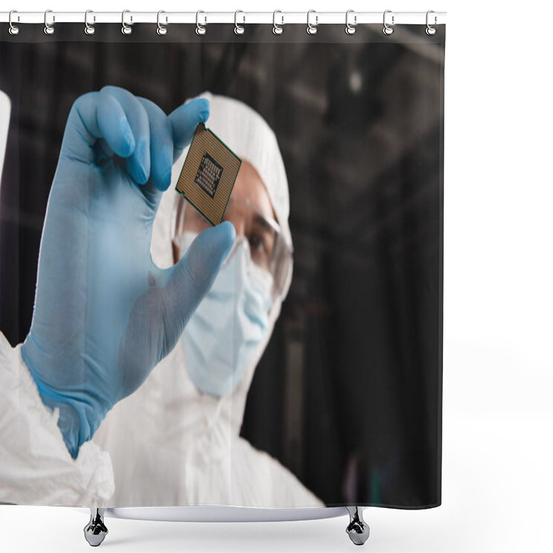 Personality  Selective Focus Of Microprocessor In Hand Of Scientist Wearing Latex Glove  Shower Curtains