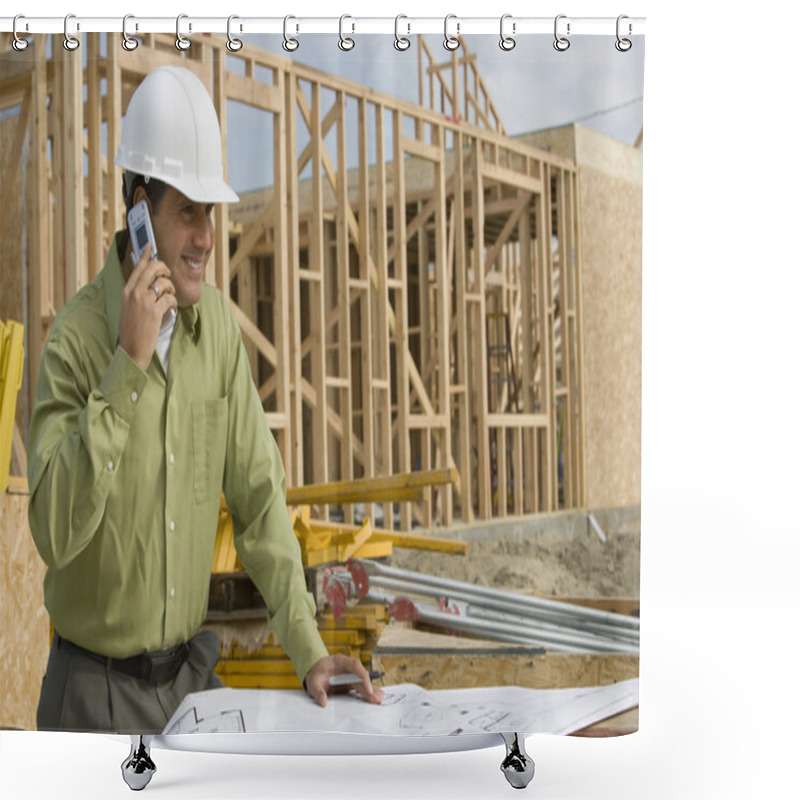 Personality  Construction Worker With Cellphone Shower Curtains