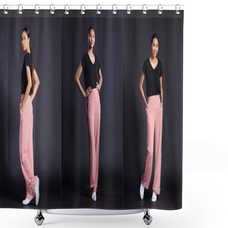 Personality  Beautiful Asian 20s Black Hair Tanned Skin Slim Woman In Black Dress Pink Pants, Many Action Poses Walking. Full Body Length Portrait Isolated Black Background Copy Space, Collage Group Pack Shower Curtains