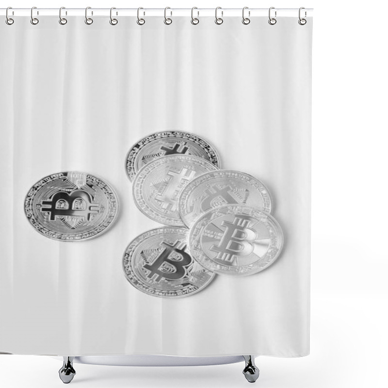 Personality  Top View Of Pile Of Bitcoins On White Surface Shower Curtains