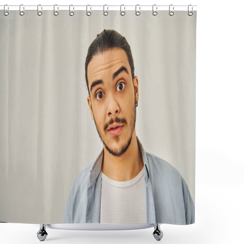 Personality  A Man Making A Funny Face Against A White Background. Shower Curtains