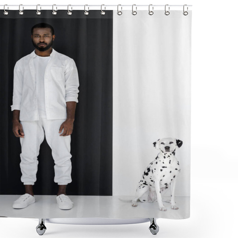 Personality  Handsome Stylish African American Man In White Clothes With Dalmatian Dog Near Black And White Wall Shower Curtains