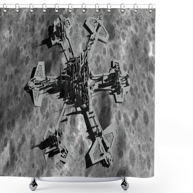 Personality  Futuristic City, Base, Town On Moon. The Space View Of The Planet Earth. Expedition. 3d Rendering Shower Curtains