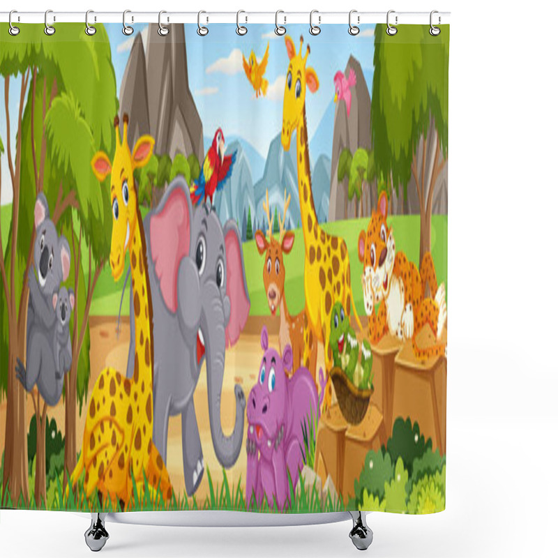 Personality  Panorama Landscape With Various Wild Animals In The Forest Illustration Shower Curtains