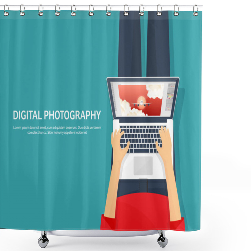 Personality  Photographer Equipment On A Table. Photography Tools, Photo Editing, Photoshooting Flat Background. Digital Photocamera With Lens. Vector Illustration. Shower Curtains