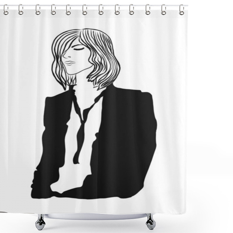 Personality  Portrait Of A Young Pretty Woman In A Jacket. Dyed Hair. The Vector Illustration Is Isolated. Hand-drawn Art Of A Boyish-looking Girl. Modern Androgynous Appearance. Vector Shower Curtains