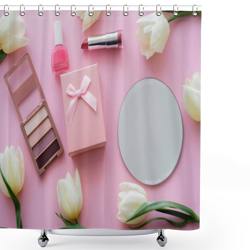 Personality  Top View Of White Tulips, Gift Box And Decorative Cosmetics On Pink Shower Curtains