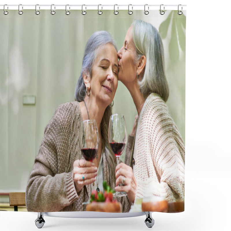 Personality  Two Women Share A Romantic Moment While Enjoying Wine In A Forest Setting. Shower Curtains