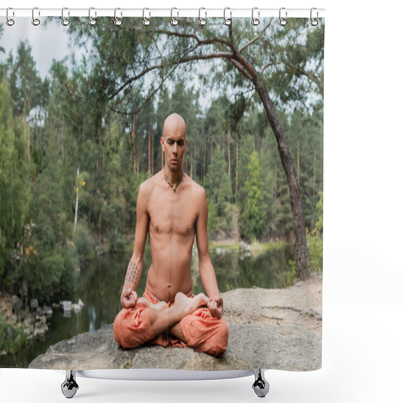 Personality  Tattooed, Shirtless Buddhist Meditating In Lotus Pose With Closed Eyes Outdoors Shower Curtains