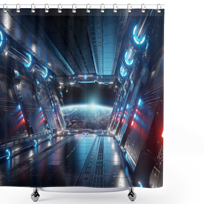 Personality  Blue And Red Futuristic Spaceship Interior With Window View On Planet Earth 3d Rendering Elements Of This Image Furnished By NASA Shower Curtains