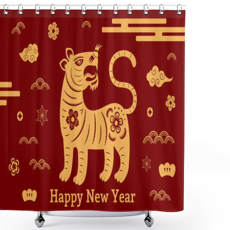 Personality  2022 Chinese New Year Tiger Design, Gold On Red Shower Curtains